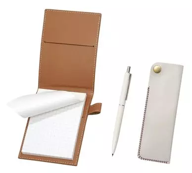 Recycled cowhide mini notebook cover Mocha side hook pencil case with white AP150 1965 reprint edition Ladies mechanical pencil set with metal clip