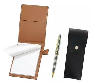 Recycled cowhide mini notebook cover Mocha with round button pen case black brilliant silver rotating ballpoint pen set LS022PM-BRSB-PD07