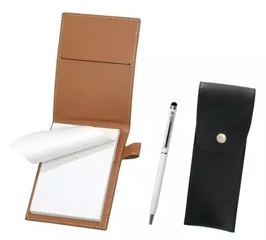 Recycled cowhide mini notebook cover Mocha with round button pen case black Smartphone touch aluminum rotary ballpoint pen set white