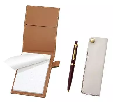 Recycled Cowhide Mini Notebook Cover Mocha with Side Hook Pen Case White Euro Style Brass Parts Retractable Ballpoint Pen Set Red LS022PM-NK01W-NXB-R