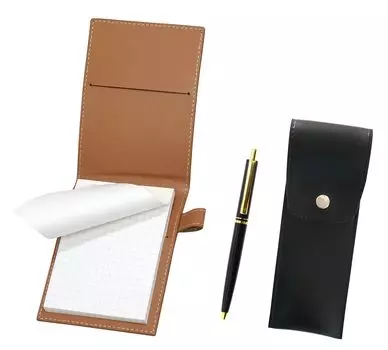 Recycled cowhide mini notebook cover Mocha with round button pen case black AP300 1965 reprint knock type metal clip ballpoint pen set black