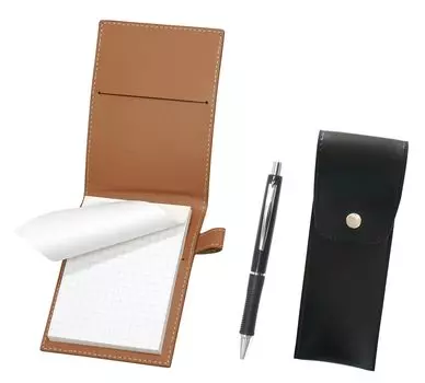 Recycled cowhide mini notebook cover Mocha with round button pen case black metal point ballpoint pen set black LS022PM-BRSB-WZ13-B