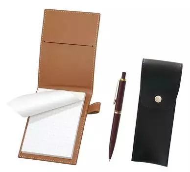Recycled cowhide mini notebook cover Mocha with round button pencil case black Euro style brass parts knock type mechanical pencil set red