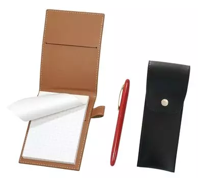 Recycled cowhide mini notebook cover Mocha with round button pen case black All brass Brasda Capo rotary ballpoint pen Hysteric Red set