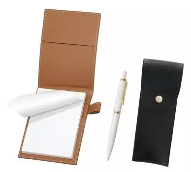 Recycled cowhide mini notebook cover Mocha with round button pen case black Euro style brass parts knock type mechanical pencil set white
