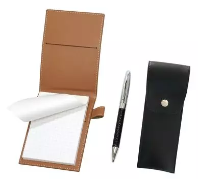 Recycled cowhide mini notebook cover Mocha with round button pen case black Genuine leather wrapped rotating ballpoint pen director set black чёрный