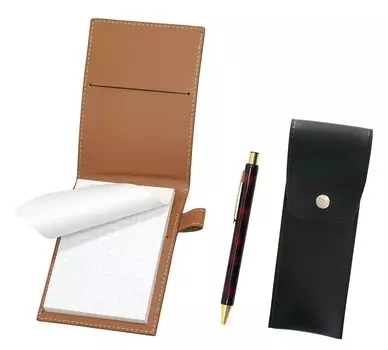Recycled cowhide mini notebook cover Mocha with round button pen case black NQ30 thick shaft metal straight knock ballpoint pen set marble