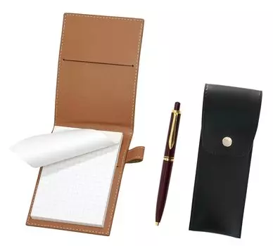 Recycled cowhide mini notebook cover Mocha with round button pen case black Euro style brass parts knock type ballpoint pen set red LS022PM-BRSB-NXB-R