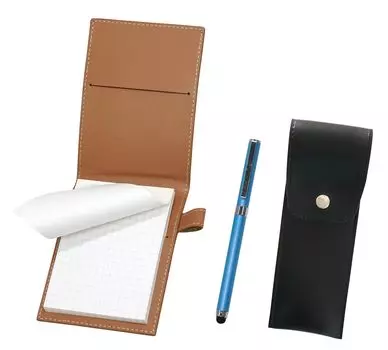 Recycled cowhide mini notebook cover Mocha with round button pen case black smartphone touch metal cap ballpoint pen extra set blue