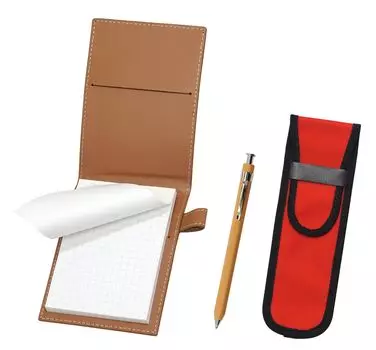 Recycled cowhide mini notebook cover Mocha with cloth pencil case red wood powder mechanical pencil LS022PM-NK02R-FB116