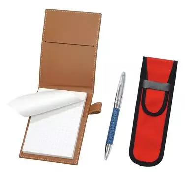 Recycled Cowhide Mini Notebook Cover Mocha with Cloth Pencil Case Red Genuine Leather Wrapped Rotating Ballpoint Pen Director Set Blue