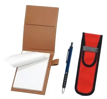 Recycled cowhide mini notebook cover Mocha with cloth pencil case red metal color ballpoint pen blue LS022PM-NK02R-SI2067BP-L