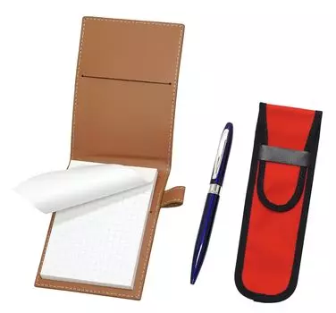 Recycled Cowhide Mini Notebook Cover Mocha with Cloth Pencil Case Red Lasting Piece Metal Rotating Ballpoint Pen Set Blue LS022PM-NK02R-TK23-L