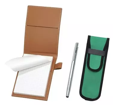 Recycled cowhide mini notebook cover Mocha with cloth pencil case green Smartphone type ballpoint pen set touch/knock LS022PM-NK02G-TP08
