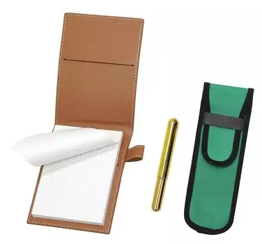 Recycled cowhide mini notebook cover Mocha with cloth pencil case green Solid brass screw cap bullet ballpoint pen set LS022PM-NK02G-EGS2023