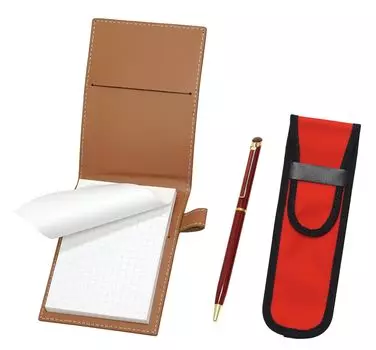Recycled Cowhide Mini Notebook Cover Mocha with Cloth Pencil Case Red Epoxy Rotating Ballpoint Pen Set Red LS022PM-NK02R-WD002-R