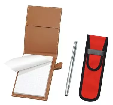 Recycled cowhide mini notebook cover Mocha with cloth pencil case red Smartphone type ballpoint pen set touch/knock LS022PM-NK02R-TP08