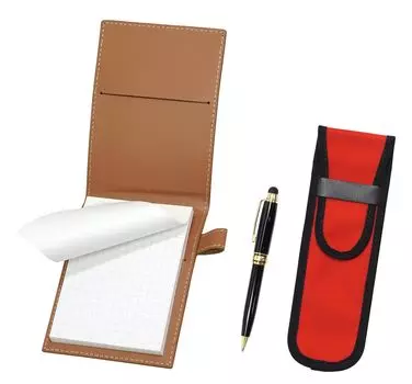 Recycled cowhide mini notebook cover Mocha with cloth pencil case red smartphone touch metal mini retro rotating ballpoint pen set LS022PM-NK02R-TK66A