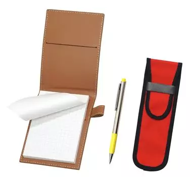 Recycled Cowhide Mini Notebook Cover Mocha with Cloth Pencil Case Red FB325 Aluminum Straight Knock Ballpoint Pen Set Yellow LS022PM-NK02R-FB325-Y