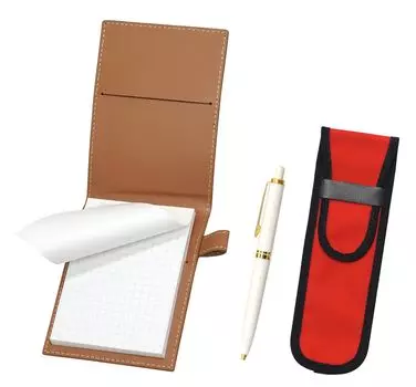 Recycled cowhide mini notebook cover Mocha with cloth pencil case red Euro style brass parts knock type ballpoint pen set white LS022PM-NK02R-NXB-W