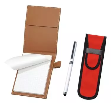 Recycled cowhide mini notebook cover Mocha with cloth pencil case red Smartphone touch metal cap ballpoint pen extra set White LS022PM-NK02R-QSJW700-W