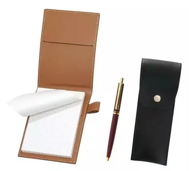 Recycled cowhide mini notebook cover Mocha with round button pen case black AP300 1965 reprint knock type metal clip ballpoint pen set red