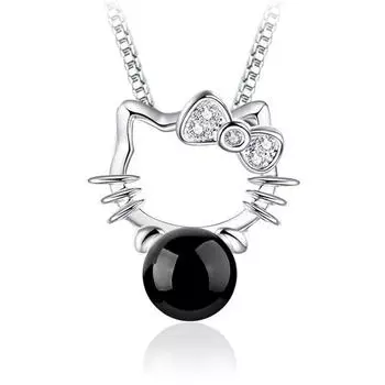 Red And Black Agate Cat Pendant Necklace Women S Silver-Plated Necklace Pendant Collarbone Chain