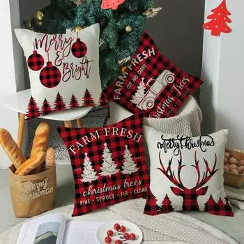 Red and Black Plaid Christmas Pillow Cover Cartoon Printed Linen Sofa Cushion Cover Pillow Does Not Include Pillow Core 45*45cm
