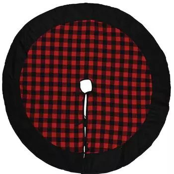 Red And Stylish Black Plaid Fabric Christmas Tree Skirt Soft Plush Design For Seasonal Decor