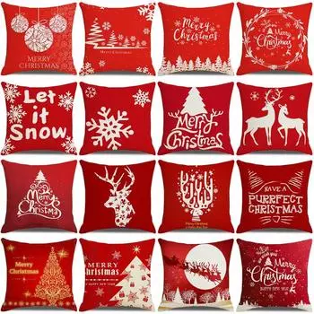 Red and White Christmas Pillow Cover Home Furnishings Cartoon Elk Linen Sofa Cushion Cover Does Not Include Pillow Core 45*45cm