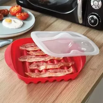 Red Bacon Tray With Lid Microwave Barbecue Tray Kitchen Utensils Microwave Bacon Pan Breakfast