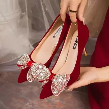 Red Bling Big Crystal Pumps Women Bowtie Flock Thin Heeled Wedding Party Shoes Woman Shiny Rhinestones High Heels Shoes 34