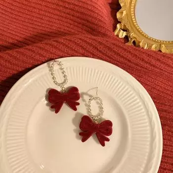 Red Bow Drop Earring For Women Temperament Flocking Bowknot Christmas Earrings Girls Year Festival Jewelry 1pair