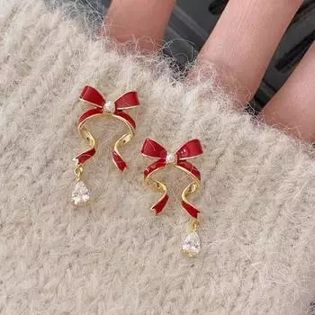 Red bow ribbon earrings