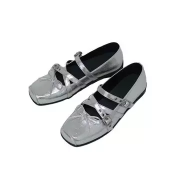 Red bow small single shoes women s spring and summer leather retro one-word shallow rivet ballet 2025 spring and autumn flats 35