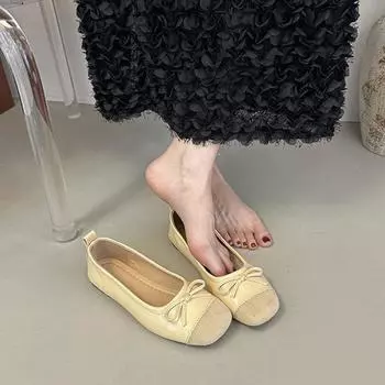 Red bow square head single shoes women s summer new soft-soled flat-soled shallow-mouth beanie shoes 35