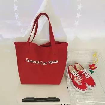 Red Canvas Bag Tote Bag Seaside Large Capacity Idle Style Korean One Shoulder Bag Fancy 2025 New Arrival Red pizza