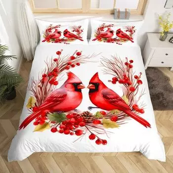 Red Cardinals Bedding Set King Queen Size Watercolor Pine Cones Duvet Cover Cute Birds Comforter Cover Romantic Love Quilt Cover 70x133cm 2pcs