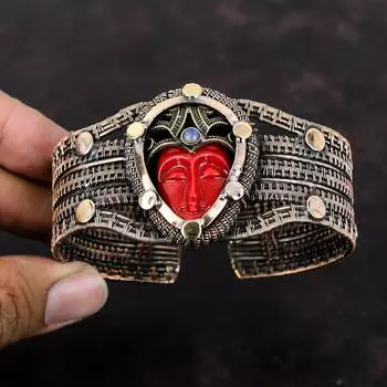 Red Carved Bone Face Bangle Copper Wire Wrapped Rainbow Moonstone Cuff Bracelet Adjustable Handmade Bangle Gemstone Jewelry Anniversary Gift