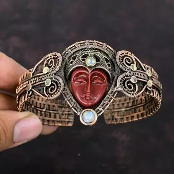 Red Carved Bone Face Bangle Rainbow Moonstone Cuff Bracelet Copper Wire Wrapped Adjustable Bangle Handmade Bangle Gemstone Jewelry For Gift