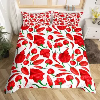 Red Chili Duvet Cover Pepper Bedding Set for Kids Boy Room Decor Farm Vegetable Comforter Cover Set Queen Size Yummy 3Pcs Zipper US Queen(228x228cm)