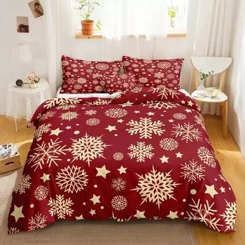 Red Christmas Duvet Cover Bedding Sets Snowflake Duvet Cover Set White Snowflake Microfiber For Bedroom Decoration Teens Women EU single(135x200cm)