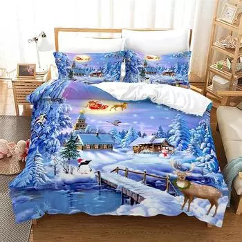 Red Christmas Duvet Cover Santa Claus Snowman Bedding Set Microfiber Cartoon Comforter Cover With Pillowcases Kids Gift 135X200cm-2pcs
