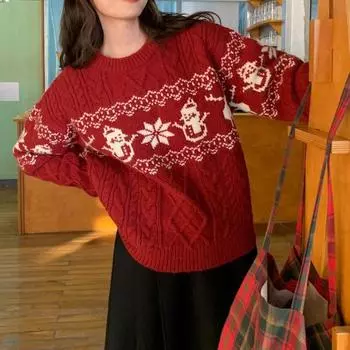 Red Christmas Jacquard Women s Sweater Daily Loose Round Neck Top Autumn/Winter Lazy Style Warm Ladies Clothing One Size