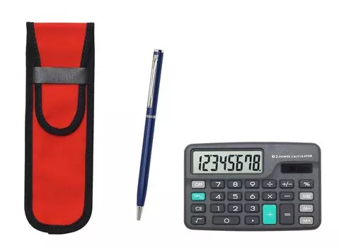 Red cloth pencil case with mini calculator and blue slim rotating ballpoint pen set (T23-D-NK02R-PD04-L) синий