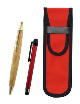 Red Cloth Pencil Case with Red Metallic Touch Stick and Retro Maple Wood Ballpoint Pen Set Two-Pack (NK02R-ALR-HS47S-2)