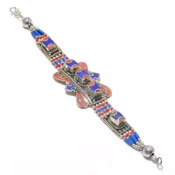 Red Coral, Lapis Handmade 925 Sterling Silver Bracelet 7-8 s2L78