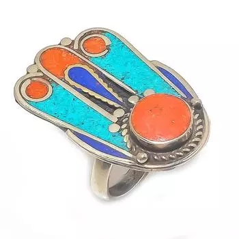 Red Coral, Turquoise Handmade 925 Sterling Silver Ring Size Adjustable U9a63