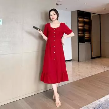 Red Court Style Waist-Defined Belly-Covering Chubby Girl s Dress Burgundy XL