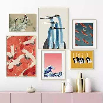 Red Crane Hokusai Eclectic Gallery Wall Art Prints Blue Heron Canvas Painting Nordic Posters Coastal Wall Pictures Home Decor 21cm30cm NoFrame